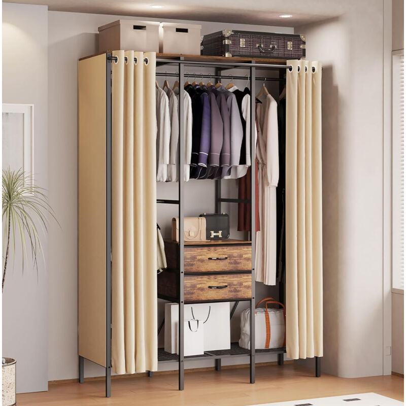 Unho - Porte Manteau sur Pied Grand avec Rideau Portant à Vêtement avec 2 tiroirs en toile 149.5x50x214cm Penderie en Métal pour Chambre Magasin