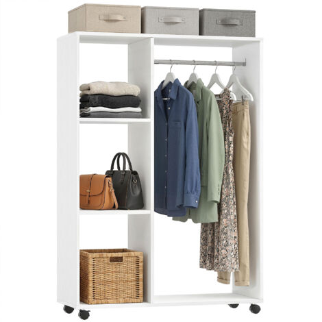 Porte-manteau sur pied roulettes 3 étagères tringle bois meuble dressing 80x40x128 cm