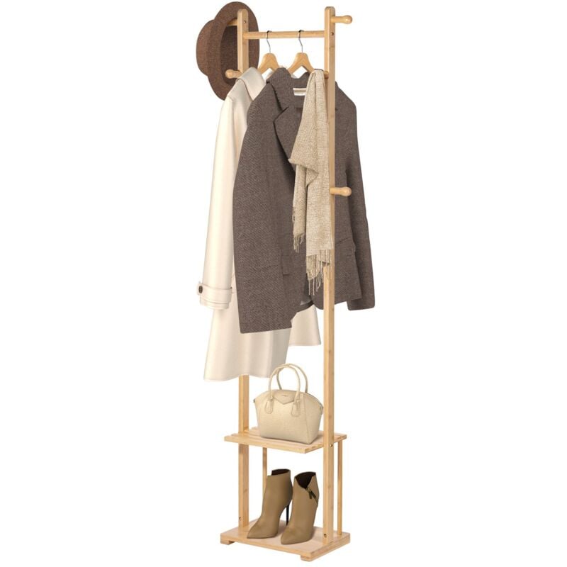 Todeco - Porte Manteau Sur Pieds Bambou avec étagère à 2 niveaux, 6 Patères et Tringles, Tapis Antidérapant, Portemanteaux pour Entrée Bain Masion