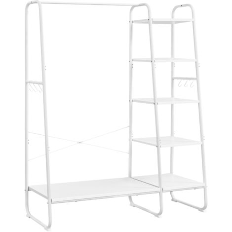 Porte-manteau sur Pieds, Meuble Chaussure Entrée, Vestiaire, avec 5 Étagèress de Rangement, 6 Crochets, pour Chambre, Salon, Couloir, Style Industriel, Blanc Nuage et Blanc Mat