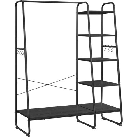 Porte-manteau sur Pieds, Meuble Chaussure Entrée, Vestiaire, avec 5 Étagèress de Rangement, 6 Crochets, pour Chambre, Salon, Couloir, Style Industriel, Noir Boisé et Noir Mat