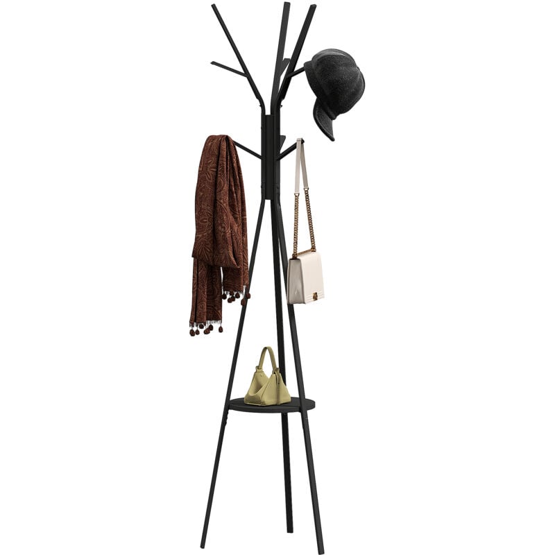 Homcom - Porte-manteau trépied design contemporain branches étagère + 9 patères dim. 45L x 45l x 180H cm métal noir