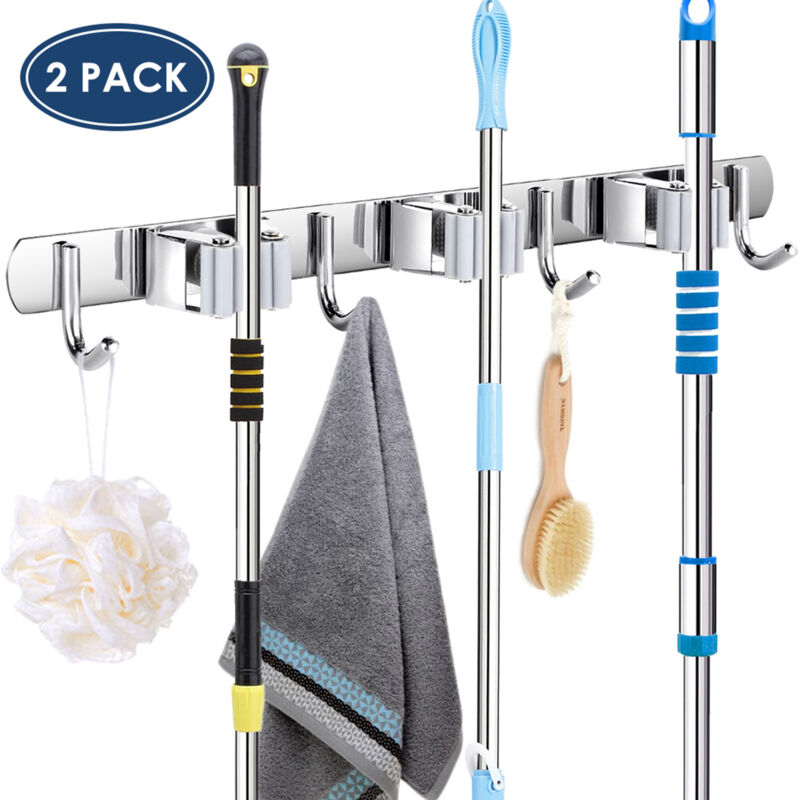 Rapanda - Porte manteau,Porte-balai en acier inoxydable, 3 clips et 4 crochets, porte-balai gris, lot de 2 pour la cuisine