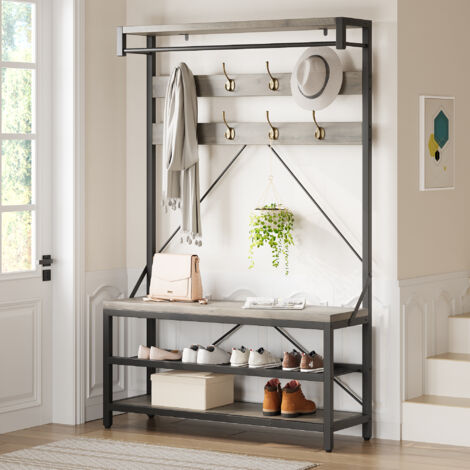 Porte manteau,Vestiaire d’entrée, avec 8 Crochets , Banc et Étagère à Chaussures, 100 x 40 x 183 cm, Cadre en métal, Style Industriel,Gris