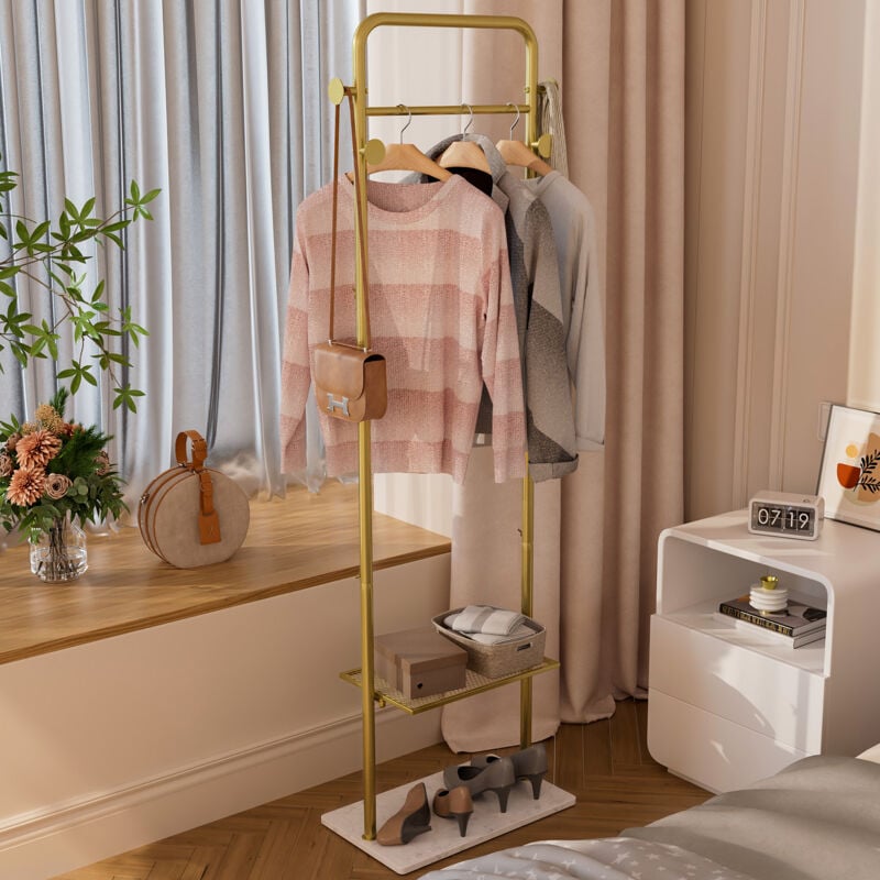 Unho - Porte-manteaux Doré sur Pied en Métal avec 2 Etagères 4 Crochets, Penderie Portant pour Vêtements de Base en Granit, Vestiaire pour