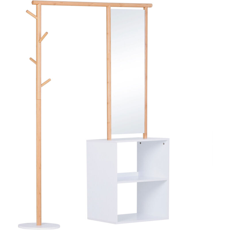 Porte-manteaux meuble d'entrée vestiaire penderie avec miroir 4 patères 2 niches dim. 100L x 34l x 164H cm MDF blanc bois massif bambou