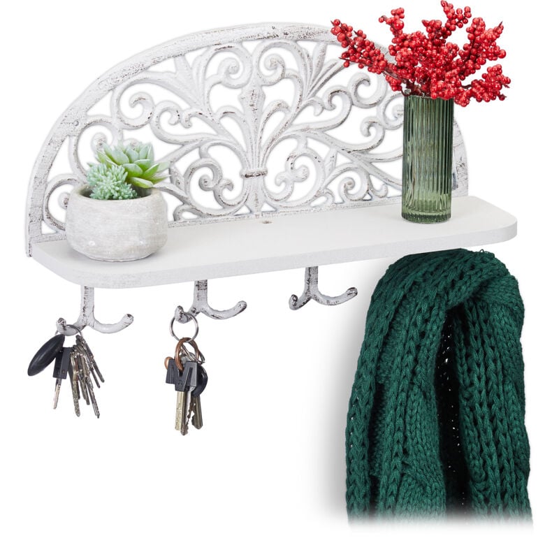 Porte-manteaux mural étagère, lot de 2, tablette clés, planche bois 4 crochets, double patère, 23 x 39 x 11,5 cm, blanc