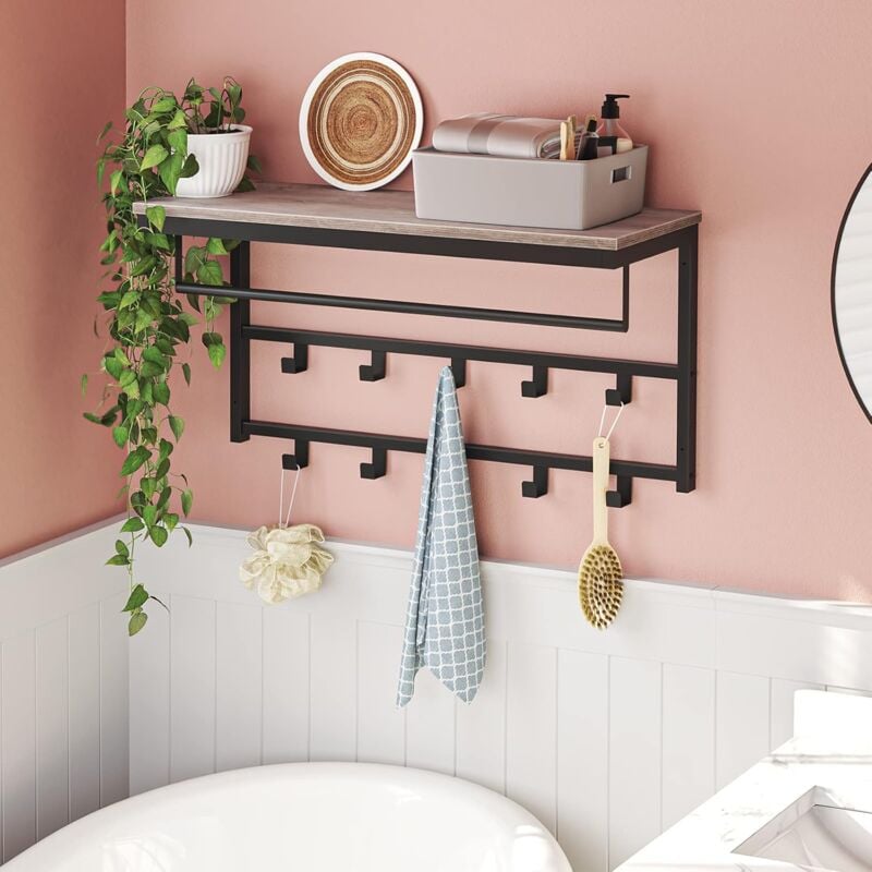 Hoobro - Porte-Manteaux Mural, Étagère de Rangement, Étagère Murale avec 10 Crochets, Vestiaire, Étagère Suspendue avec Tringle, 80 x 30 x 42 cm,