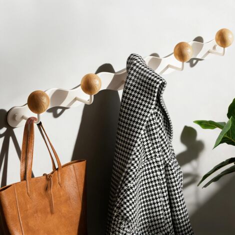 Porte Manteaux Muraux, 38 cm Patères Portemanteaux pour Entrée, avec 5 Crochets en Bois en Forme de Boule, Porte Manteau Mural Blanc, pour Chambre, Salle de Bain et Salon