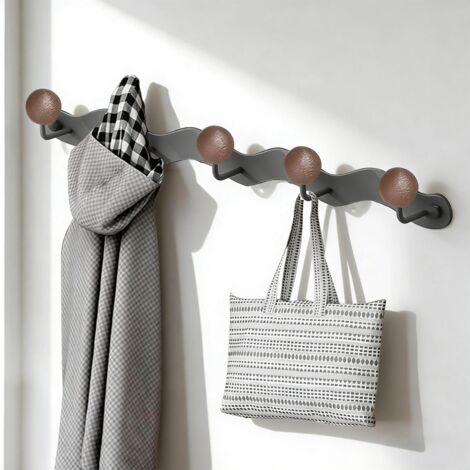 Porte Manteaux Muraux, 38 cm Patères Portemanteaux pour Entrée, Gris Etagere Porte Manteau, avec 5 Crochets en Bois en Forme de Boule, pour Chambre, Salle de Bain et Salon gris