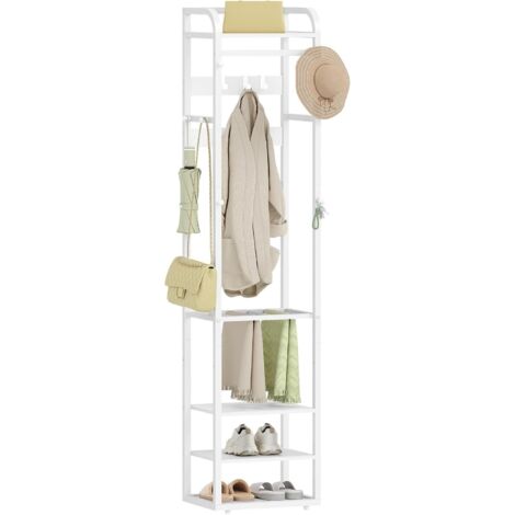 Porte-manteaux, Porte-manteaux avec 4 Étagères et 13 Crochets, Étagère de Rangement avec Étagères Réversibles, pour Chambre à Coucher, Salon, Couloir, Blanc
