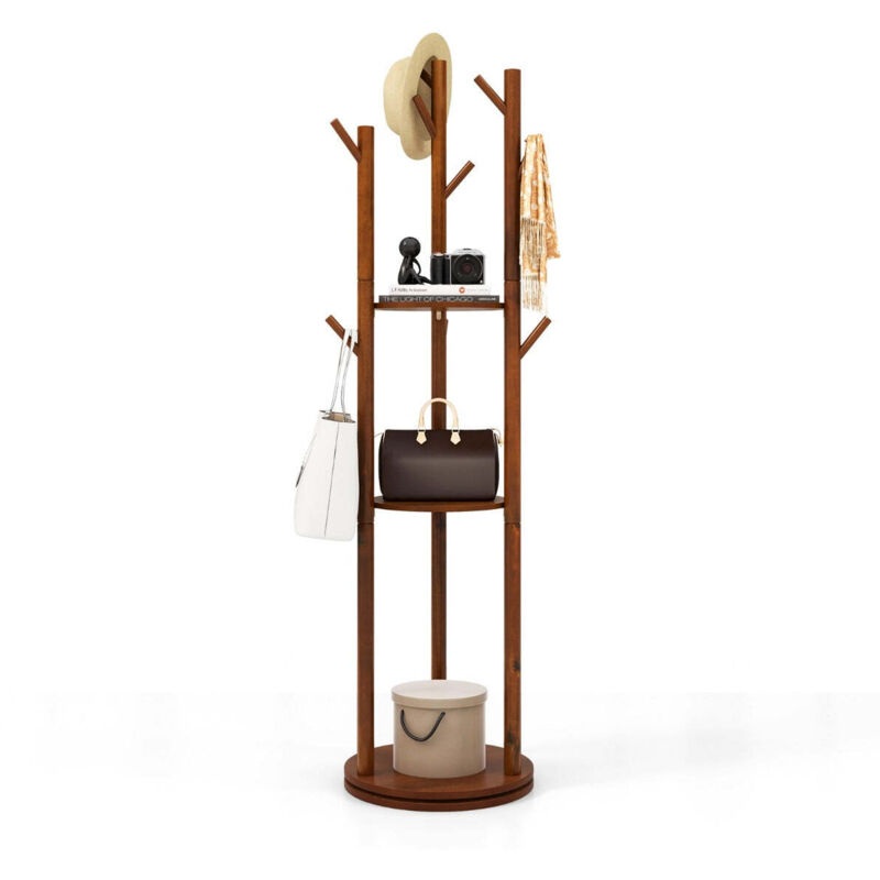 Porte-manteaux sur pied 42 x 167 cm avec base rotative 360° et 3 étagères déco moderne en bois d'hévéa noyer