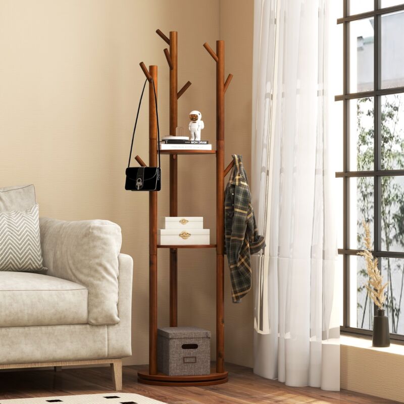 Maisonchic - Porte-Manteaux sur Pied Base rotative à 360° 3 Etagères de Rangement 9 Crochets en Bois Massif pour l'Entrée Salon design in