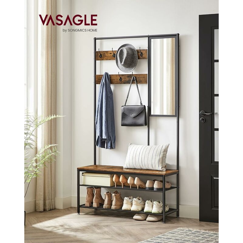 Vasagle - Portemanteau, Vestiaire, Meuble d'Entrée,35 x 98 x 180 cm, avec Miroir, Banc et Étagère à Chaussures, Style Industriel - Marron Rustique et