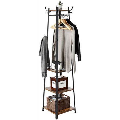 Porte-manteaux vintage, Vestiaire, Portant à vêtements, avec étagère à 3 niveaux, crochets et tringles, Armature métallique stable, Style rustique, Marron Rustique et Noir