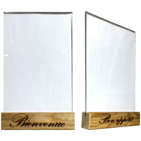 Porte menu bois Bienvenue - Bon appétit dimensions 15x3,6x3,6 cm avec plexi A5 - Lot de 2