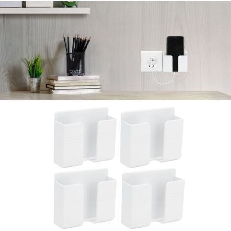 Porte-mobile mural sans perforation + Support télécommande mural + Étagère de rangement 4 pièces ABS blanc 10x8.6x3.5cm