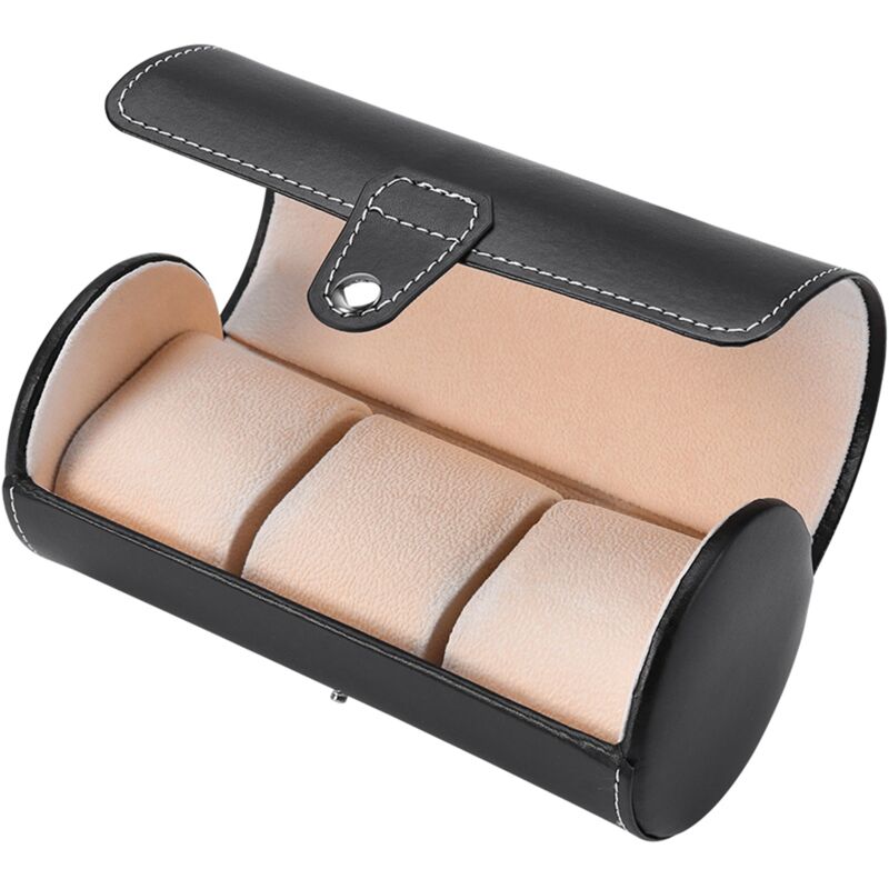Porte-montre cylindrique à 3 grilles, présentoir pour montres-bracelets, boîte de rangement pour bijoux et cadeaux - Noir