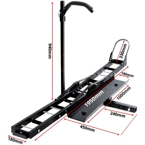 Equipement Express Sicoba – Porte-moto attelage scooter avec rampe de chargement 227kg – Acier haute résistance – Tête tube carré 2' – Dimensions plateforme 195x18cm