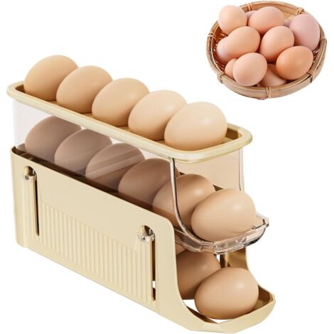 Porte-œufs pour réfrigérateur, glissière à œufs pour réfrigérateur, distributeur automatique d'œufs à roulement, 3 niveaux pour 17 œufs (beige)