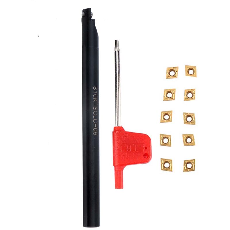 Porte-outil S10K-SCLCR06 + 10 lames CNC CCMT060204-HM YBC251 + clé (la couleur de la clé est aléatoire)