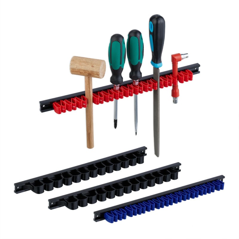 Porte-outils 4 pièces, barre à outils murale, doubles pinces, pour tournevis, plastique, Choix de couleur - Relaxdays