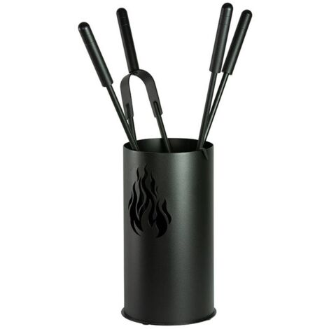 Porte-outils cheminée flamme acier noir 4 accessoires h.60 d. 16 cm. Made in Italy