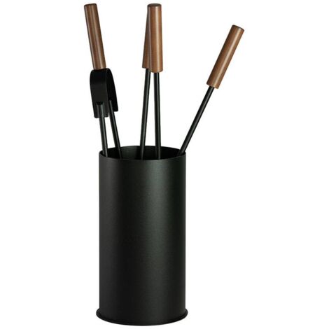 Porte-outils cheminée flamme acier noir manche bois 4 accessoires h.60 d. 16 cm. Made in Italy