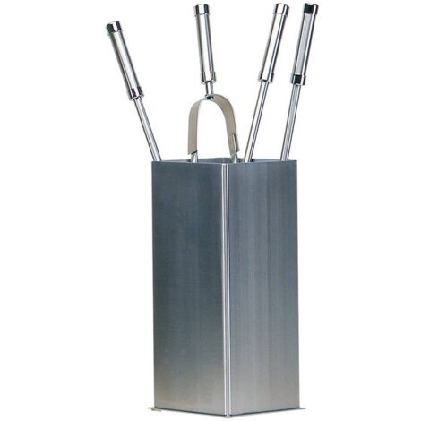 Porte outils cheminée inox carré 4 accessoires h.62 base 16 x 16 cm. finitions chrome.  Made in Italy