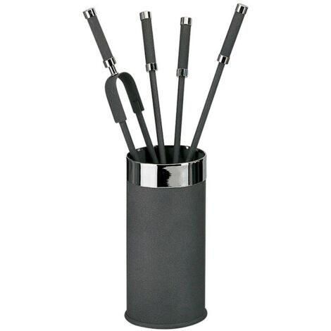Porte-outils cheminée ronde acier anthracite finition chrome 4 accessoires h.60 d. 16 cm. Made in Italy