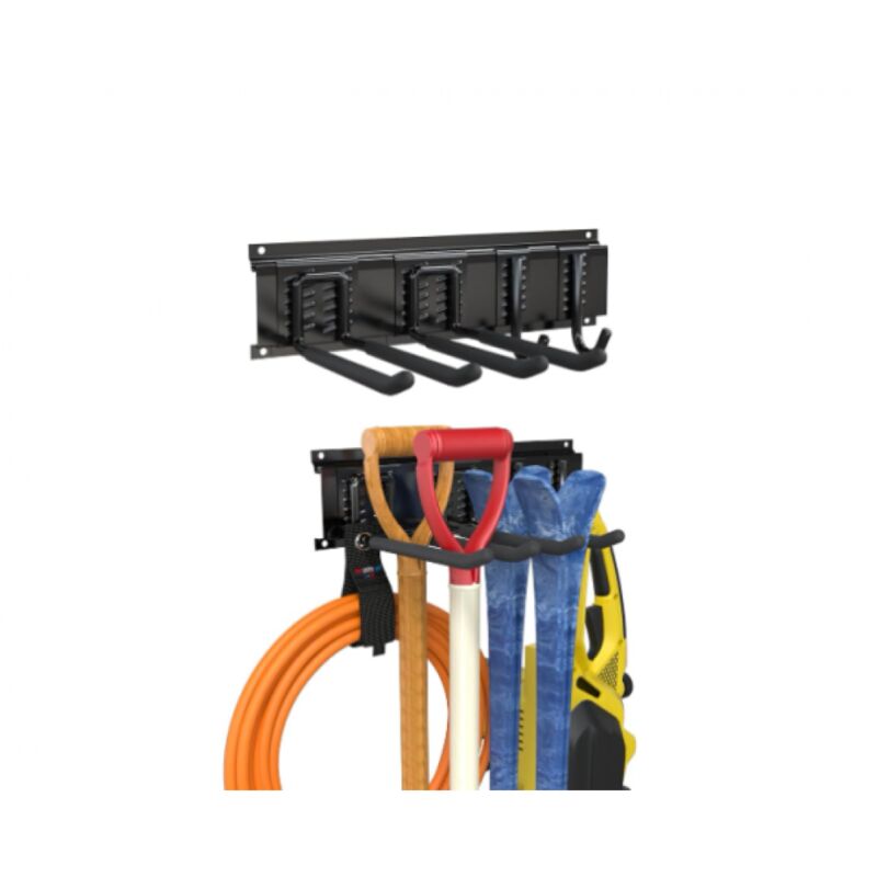 Porte-Outils de Jardin Mural 40cm, Rangement Acier Inoxydable avec Rail Coulissant et 4 Crochets pour Garage ou Jardin