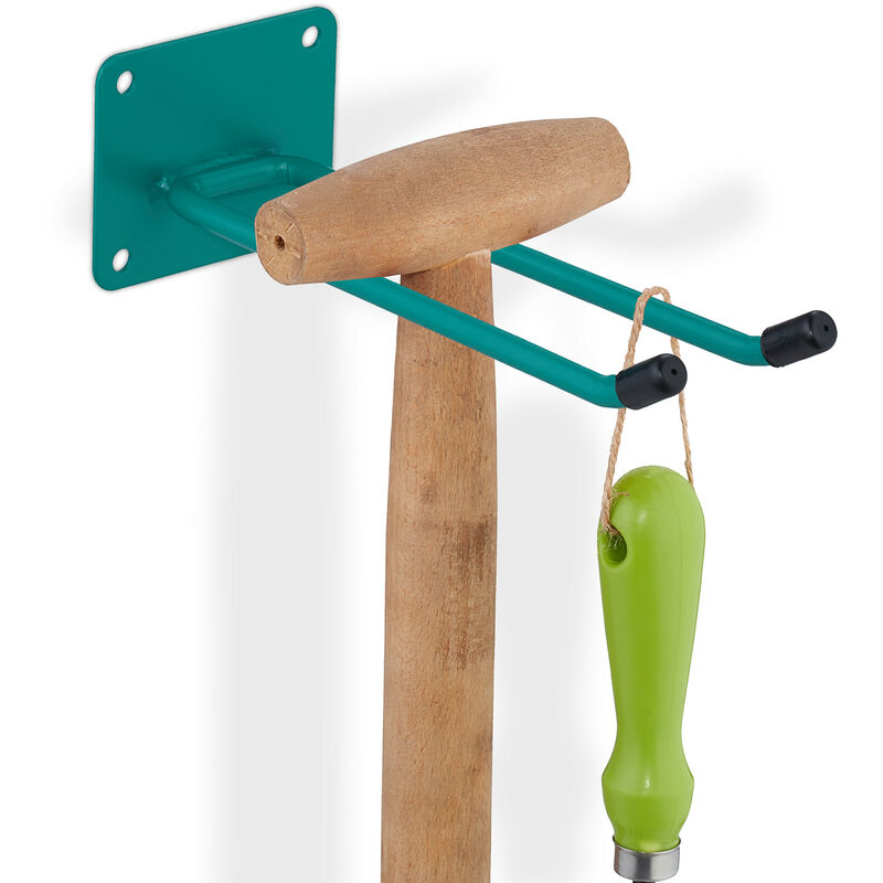 Relaxdays - Porte-outils mural, 2 crochets, fabriqué en acier, pour garage/atelier/cave, longueur : 24 cm, vert
