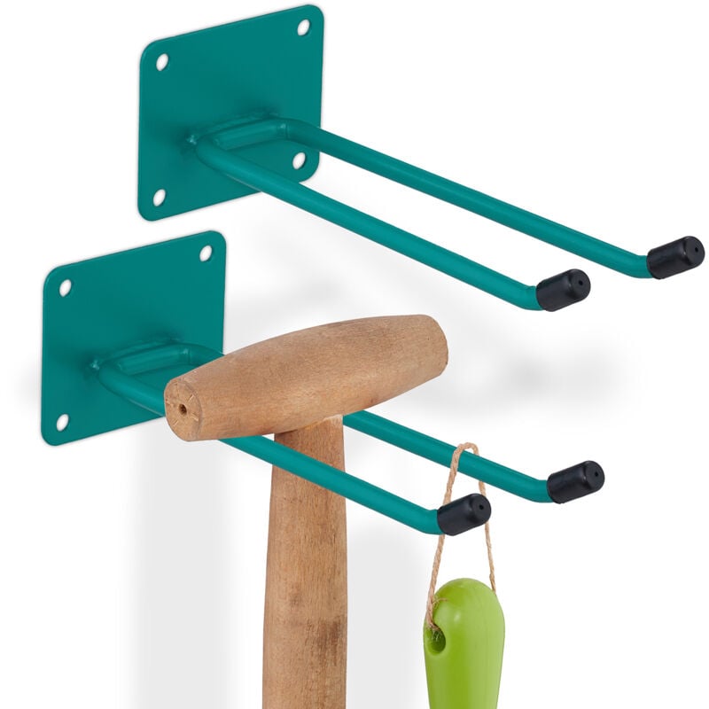 Relaxdays - Porte-outils mural, lot de 2, 2 crochets chacun, fabriqué en acier, pour garage/atelier/cave, longueur : 24 cm, vert