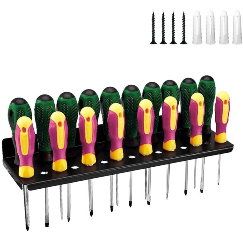 Porte Outils Mural, 25 Trous Support Tournevis, Acier au Carbone Support Outils Mural, Noir Support Tournevis Mural, avec Vis et Tubes D'expansion
