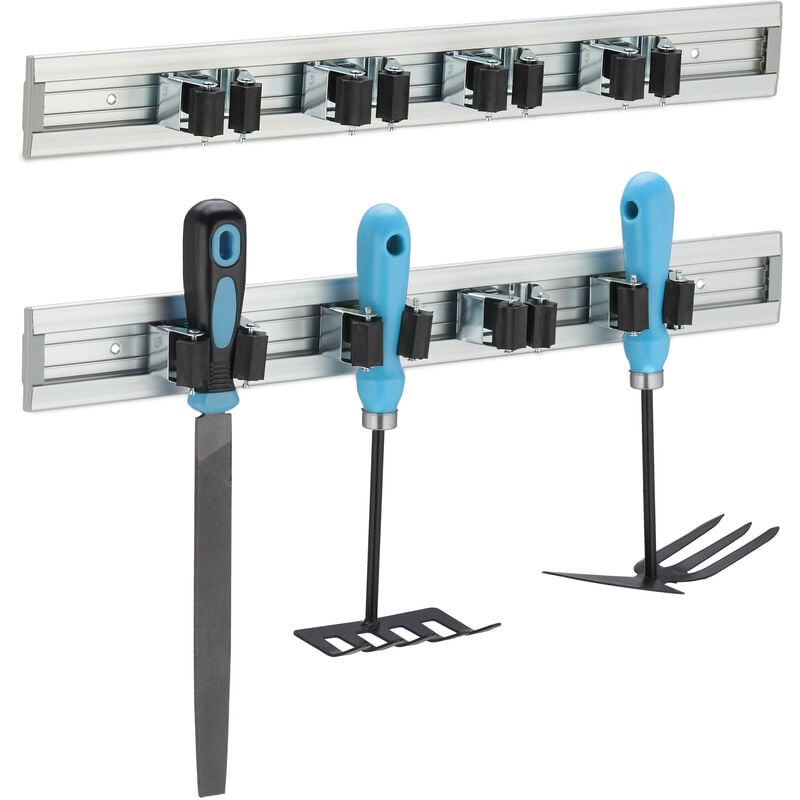Relaxdays - Porte-outils mural, lot de 2, accroche-balai, outils de jardin, rangement garage, pinces, aluminium, argenté
