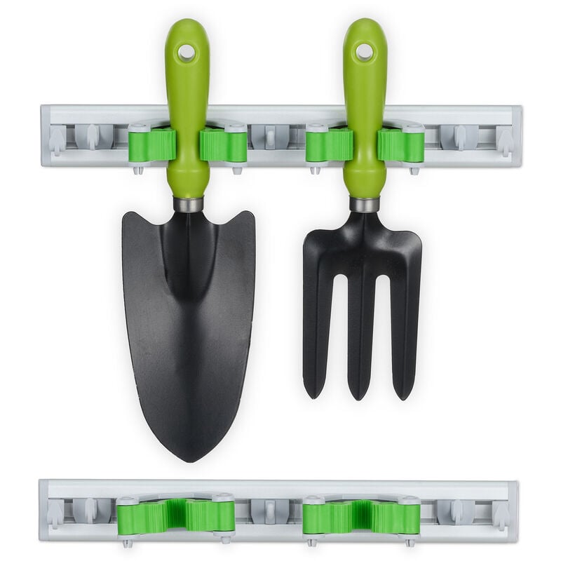 Relaxdays - Porte-outils mural, lot de 2, fixation balai, outils de jardin, 5 crochets & 2 pinces, aluminium, argenté/vert