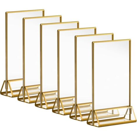 Porte-panneaux en or Acrylique 10x15cm, 4x6'' Cadres d'images Claires avec Bordures Dorées et Support Vertical, Support de Menu de Table Double Face pour les Numéros de Table de Mariage, Lot de 6