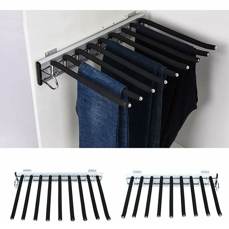 KZQ - Porte-pantalon Coulissant à 9 Bras pour Placard - Barre de Suspension en Acier Inoxydable - Rail Extensible pour Pantalon, Serviette, Cravate