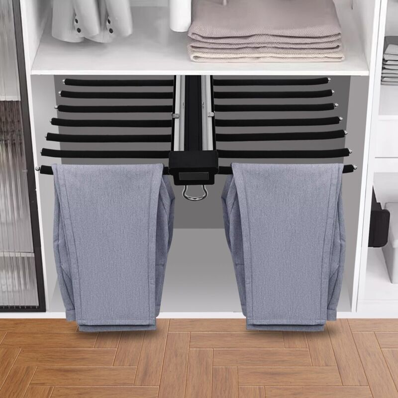 Porte-pantalons double rangée extensible pour armoire, pouvant accueillir 22 cintres à pantalons - entièrement recouvert de velours noir, capacité de