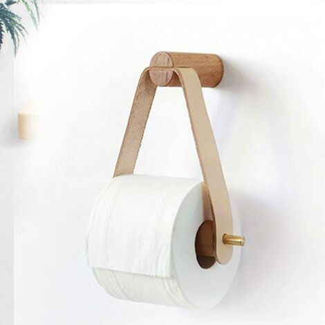 Porte-papier hygiénique mural en bois et cuir, porte-rouleaux de papier de soie rustique, accessoires de salle de bain gracieux et naturels avec vis auto-adhésive sans soudure (blanc cassé)