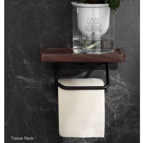 Porte-papier hygiénique sans perforation Porte-serviettes mural en bois massif de toilette de luxe léger (porte-serviettes en papier concave noir de 20 cm de long sans poinçonnage)