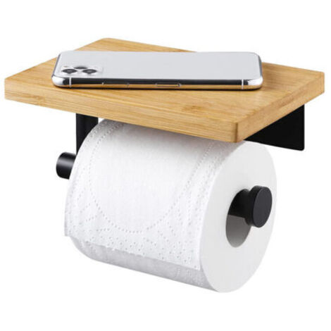 Porte Papier Toilette Adhésif avec Etagère Bambou Porte Rouleau sans perçage en Acier Inoxydable 304