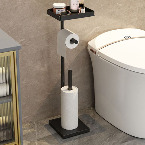 Susswiff Support de papier toilette avec étagère de rangement supérieure,  support de rouleau de papier toilette noir autoportant, distributeur de  rouleaux de papier toilette sur pied pour 4 rouleaux de réserve 