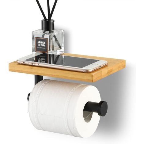 Dérouleur à papier toilette multifonctions en bambou - 9.7 x 18 x 7.5 cm -  Marron, noir