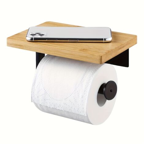 Porte Papier Toilette avec Etagère Bambou Salle de Bain Porte Rouleau en Acier Inoxydable SUS304 Support Mural Noir Mat,