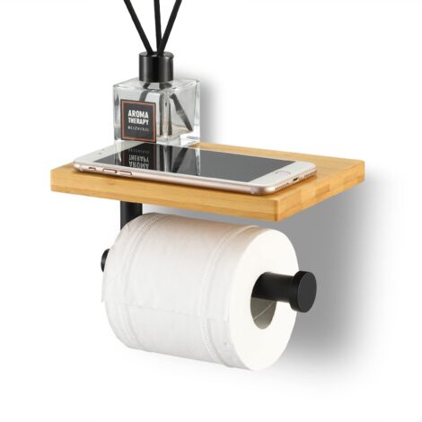 Porte Papier Toilette avec Etagère Bambou Salle de Bain Porte Rouleau en Acier Inoxydable SUS304 Support Mural Noir Mat,