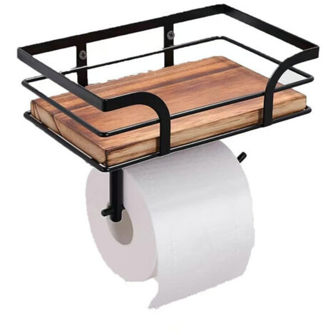 Porte-papier toilette avec étagère, boîte à lingettes humides - Support en bois - Porte-rouleau de papier avec perçage - Montage mural pour salle de bain