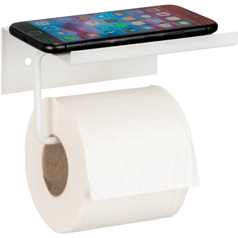 Porte-papier toilette avec étagère Desulo Wenko Support mobile ou lingettes humides, Fixation sans perçage, Métalx laqué, 14 x 12 x 6,2 cm, Blanc mat