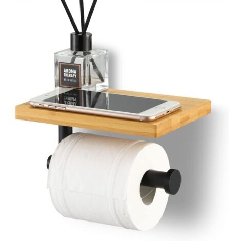 Porte-papier toilette avec étagère en bambou – Acier inoxydable SUS304 noir – Support mural avec vis ou adhésif 3M – Pour rouleaux jusqu'à 4,92 pouces