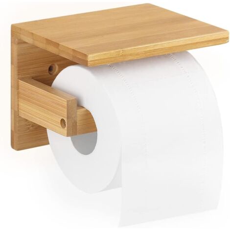 Porte Papier Toilette avec Etagère en Bambou, Support Papier Toilette avec Plateau, Derouleur Papier Toilette Mural